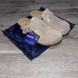 Birkenstock Boston Taupe Suede Leather Soft Footbed Clogs